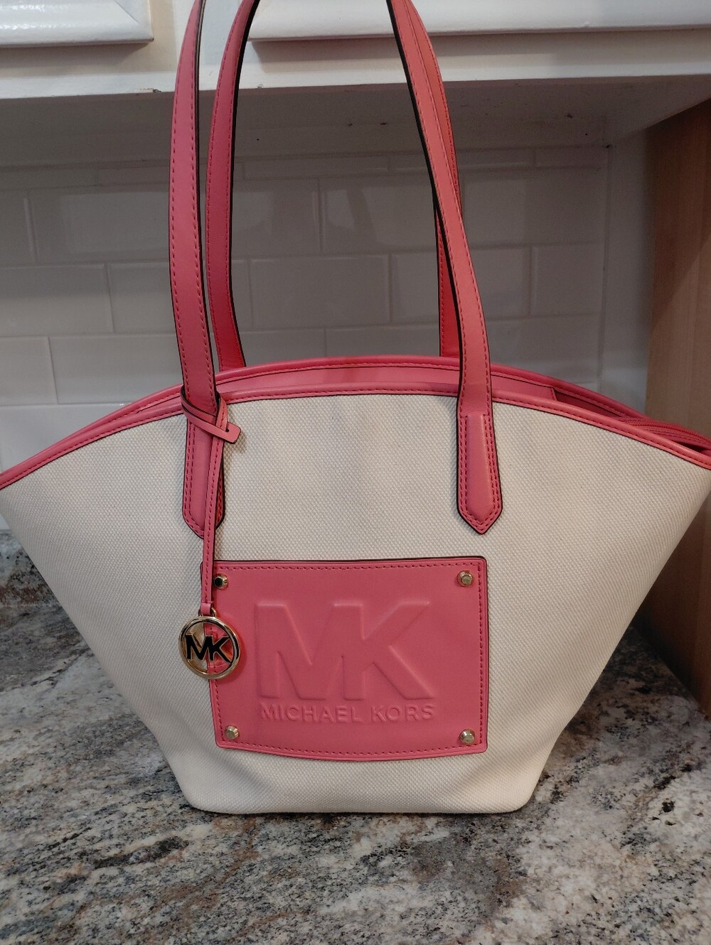 Michael Kors Large Kimber White & Pink Canvas Tote Bag W/Leather Trim